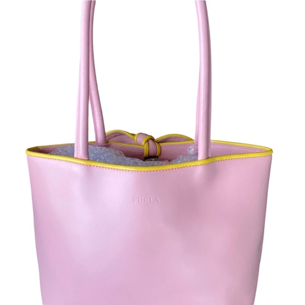 Furla Vintage Y2K Pink & Yellow Bow Tote/Shoulder Bag Elegant Structured Design